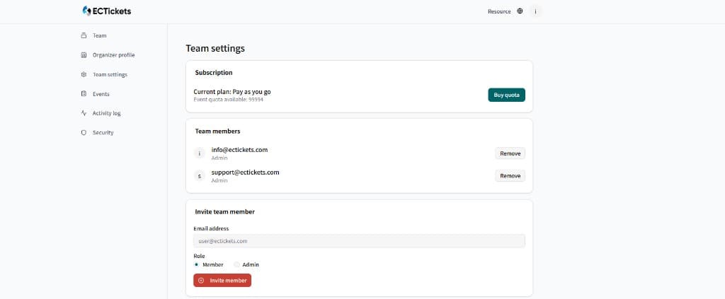 Team settings page